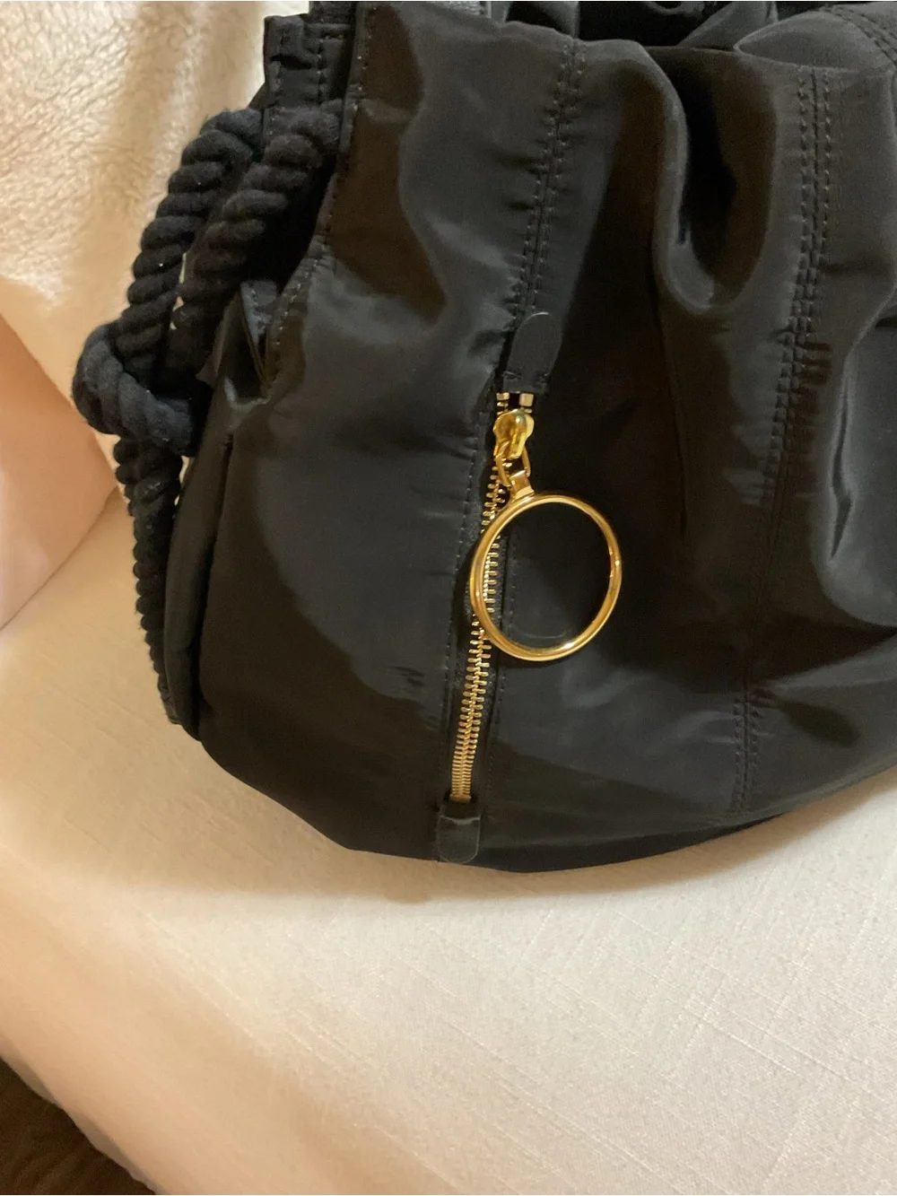 See By Chloe Flo- Black Nylon Shoulder Bag with Gold Ring Charm - Picture 7 of 13